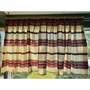 Vintage 70s curtain, beige, brown, red striped woven pleated panel, for each